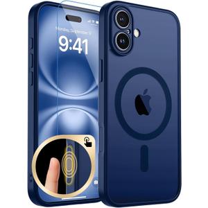 Magnetic for iPhone 16 Plus Case, Upgraded [Camera Control Button] [Full Camera Protection] [with 1 Screen Protector] Translucent Matte Shockproof Protective Phone Cover, Sapphire Blue