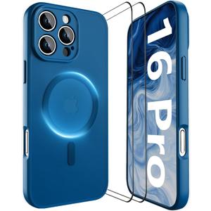 YFEMLAZ Magnetic for iPhone 16 Pro Case,with Screen Protectors X2,Full Camera Protection,Compatible with MagSafe,Translucent Matte,Anti-FingerprintShockproof Protective Phone Case,6.3",Blue