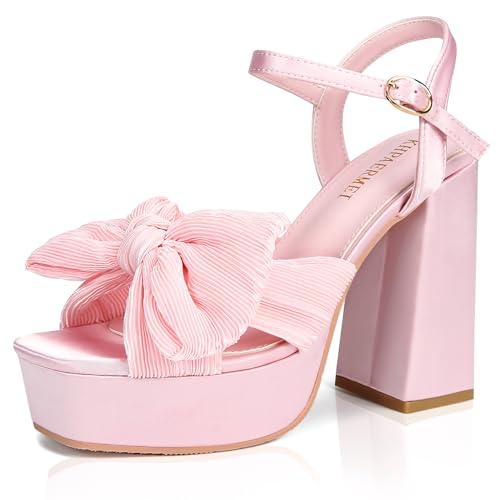 KHPAERMEI Bow Knot Platform Heels for Women Fashion Open Toe Chunky Heeled Sandals Ankle Strap Wedding Party Dress High Heels Size 37