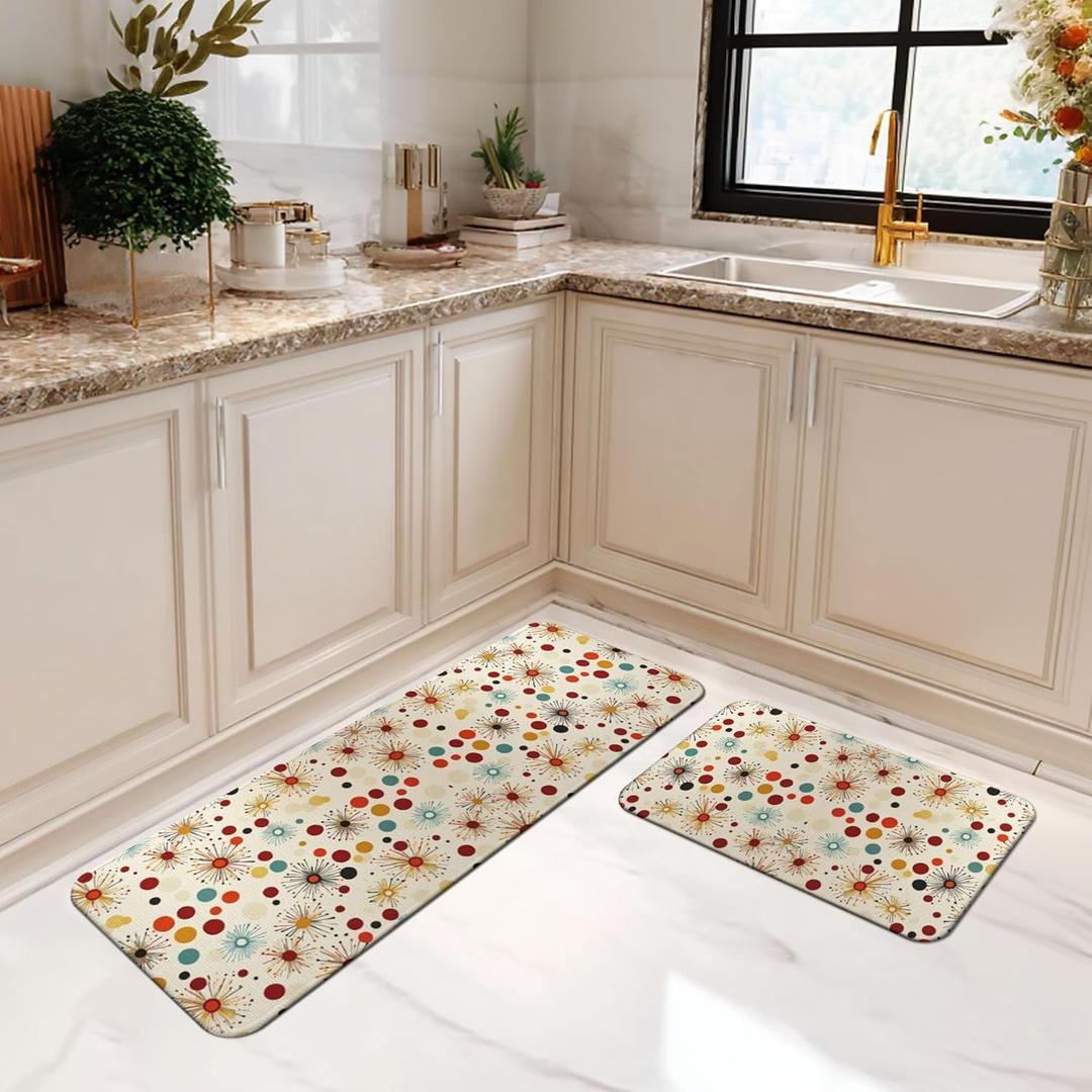 Mid Century Kitchen Rugs and Mats Kitchen Decor Floor Mats Set of 2 Non-Slip Washable Kitchen Rug for Kitchen Sink Laundry17'' X 30''+17'' X 47''