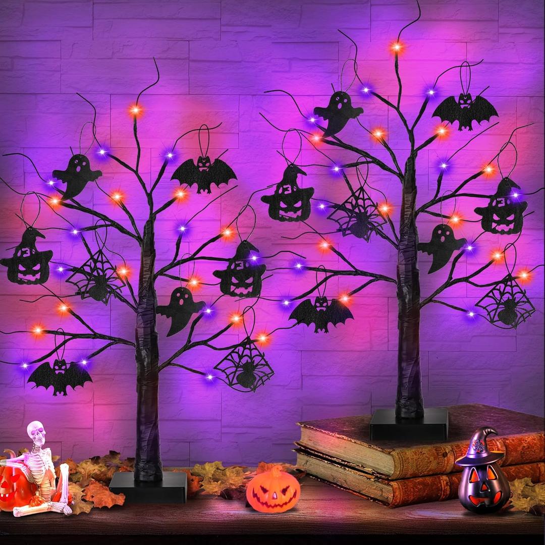 Halloween Decorations Indoor 2 Pack 24 Inch Black Halloween Tree with 24 LED Orange Purple Lights, USB/Battery Operated Halloween Table Decorations Tree Light with Timer, Scary Spooky Home Decor