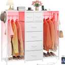 Dresser with 2 Hanging Racks, Led Dresser with Charging Station, 15" D Kids Dressers with 6 Drawers, 2 Shoe Racks and Side Hooks, Wooden Top Chest of Drawers for Bedroom, Kids Room, White
