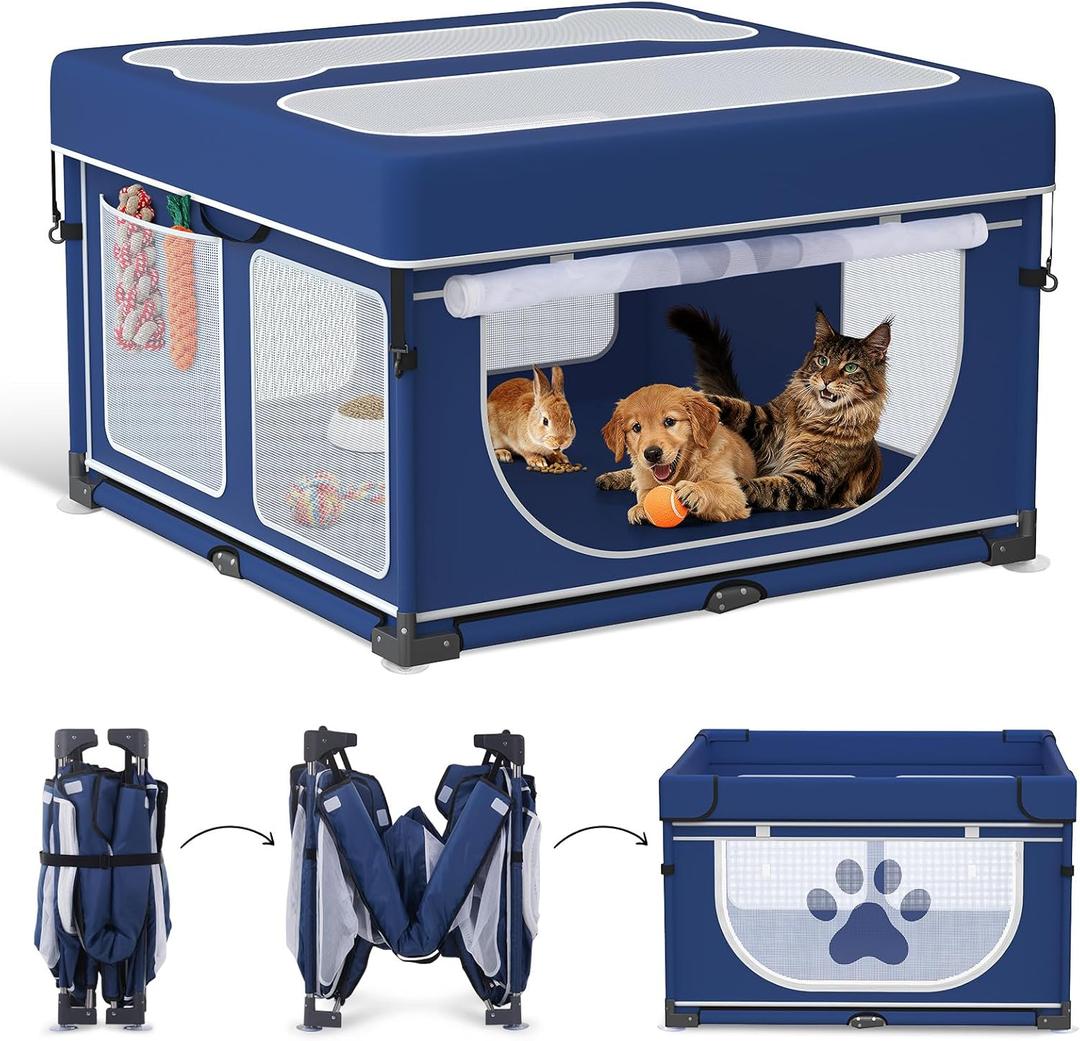 LOOBANI Foldable Dog Playpen with Cover: 1 Min Setup Pet Puppy Playpen Indoor, Sturdy Reinforced Steel/Iron Frame Dog Fence, Portable Whelping Box for Home Dog Cat Rabbit-43.3"x43.3"x27.1"Patented (Blue)