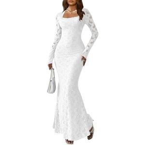 MITILLY Women Bodycon Maxi Dress Elegant Square Neck Long Sleeve Floral Lace Sexy Wedding Guest Cocktail Long Dresses New L