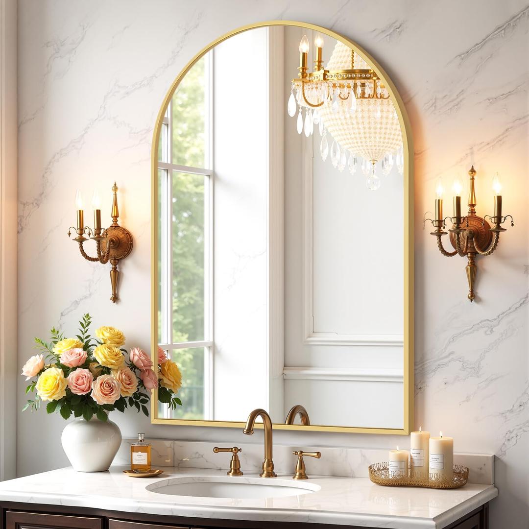 Atilioo Bathroom Mirror for Wall, 38x26 Inch Arched Mirror, Matte Gold Metal Framed Bathroom Vanity Mirrors for Restroom Farmhouse, Anti-Rust, Tempered Glass, Hanging or Leaning