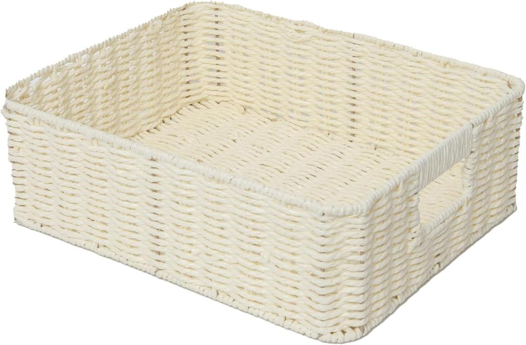 Drawer basket Handwoven Paper Rope Rectangular Shallow Basket Storage-15.35X12.01X4.72 Inches (Off-white)