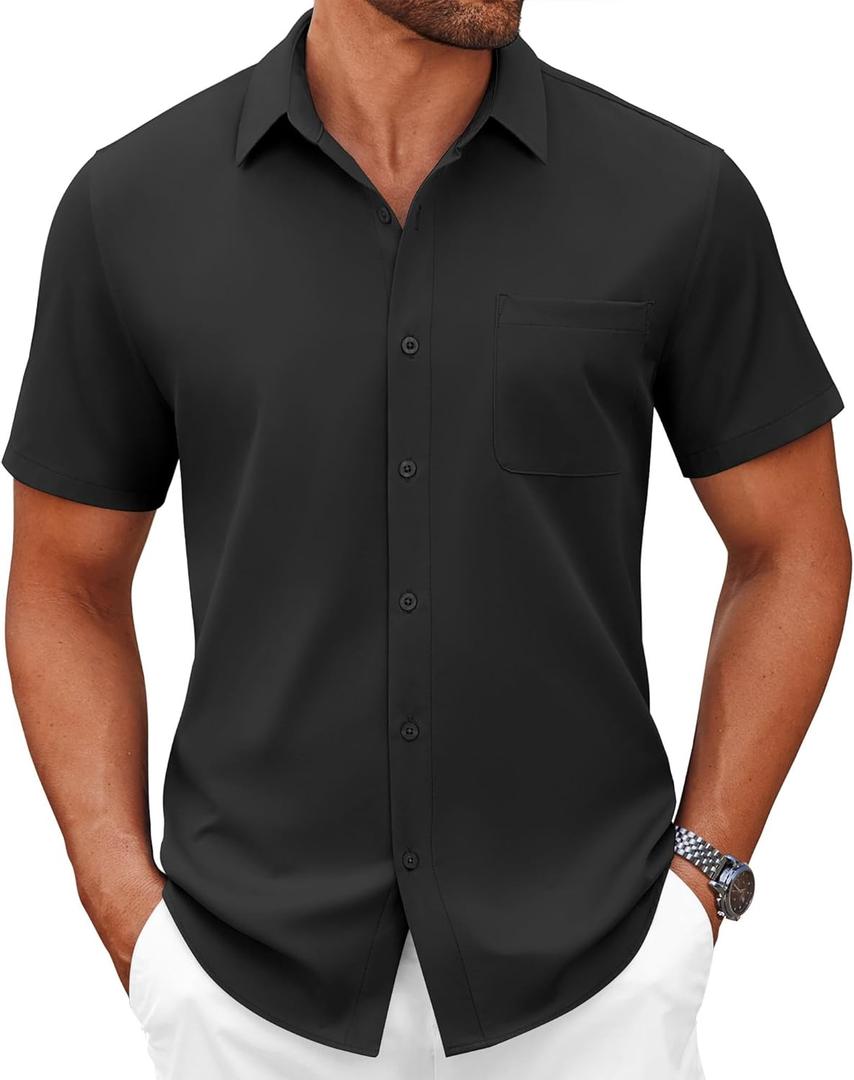COOFANDY Mens Short Sleeve Button Down Shirts Casual Dress Shirts for Men Summer Untucked Shirts with Pocket (Black, M)