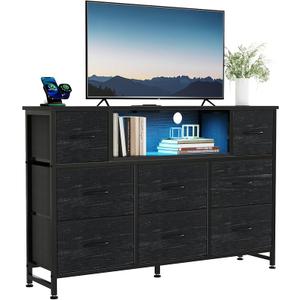 DUMOS LED Entertainment Center with Charging Station, TV Stand Dresser with 8 Fabric Drawers and Open Shelves, Wood Top Media Console for 45-55 inch, Bedroom, Black, 11.8"D x 47.2"W x 31.5"H
