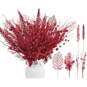 30 Pcs Artificial Christmas Tree Picks and Sprays Glitter Berry Stem Branches Holly Floral Picks Twigs Christmas Tree Ornaments for DIY Xmas Wreath Vase Filler Decorations(Red)