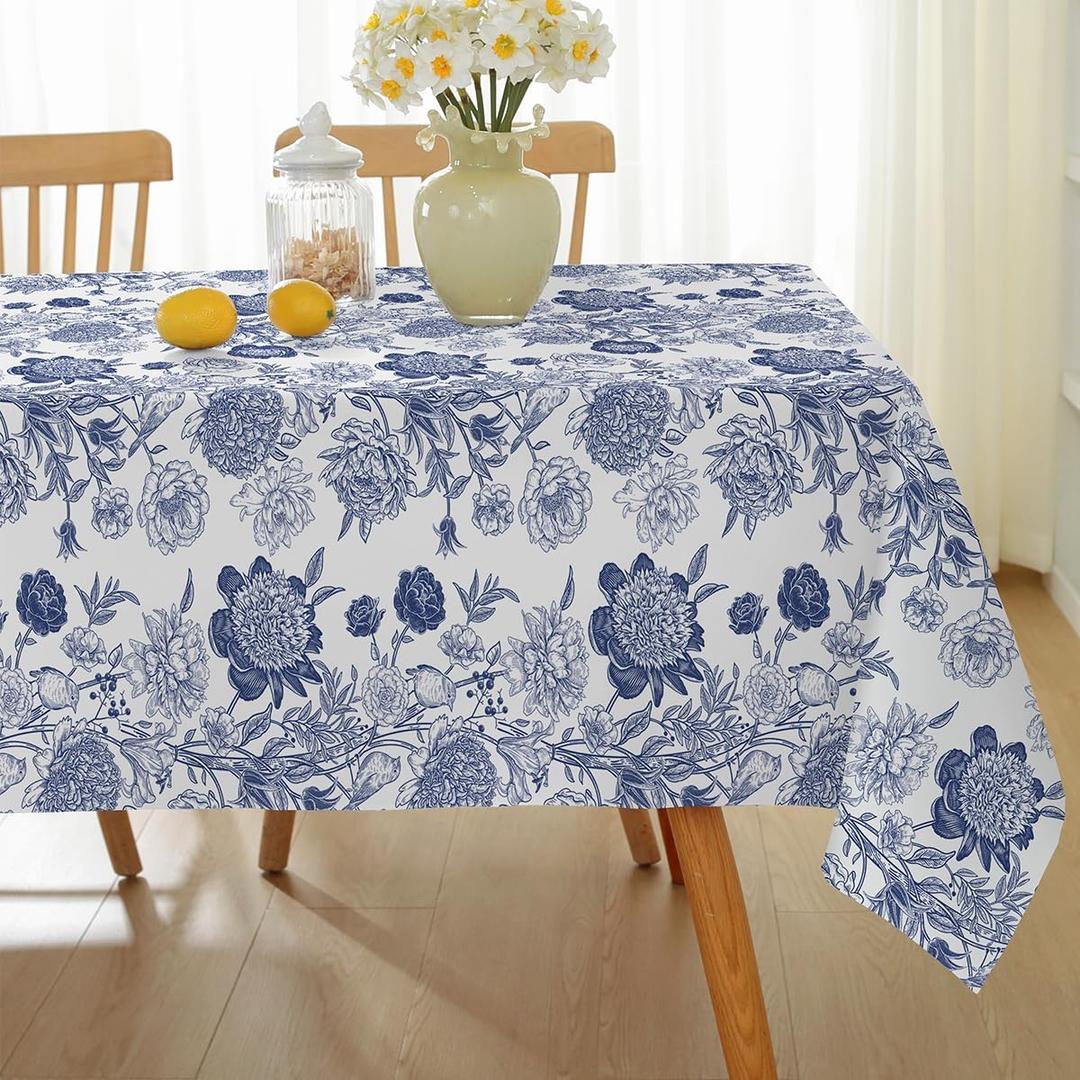 SASTYBALE Spring Summer Tablecloth 52 x 70 Inch, Rectangle Vintage Blue and White Floral Table Cloth, Washable Spill Proof & Wrinkle Free Polyester Table Cover for Party, Picnics, and Dinner Decor