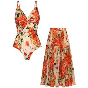 GRACE KARIN Women's One Piece Swimsuits with Cover Up Skirt Tummy Control V Neck Bathing Suits 2XL, Orange Floral