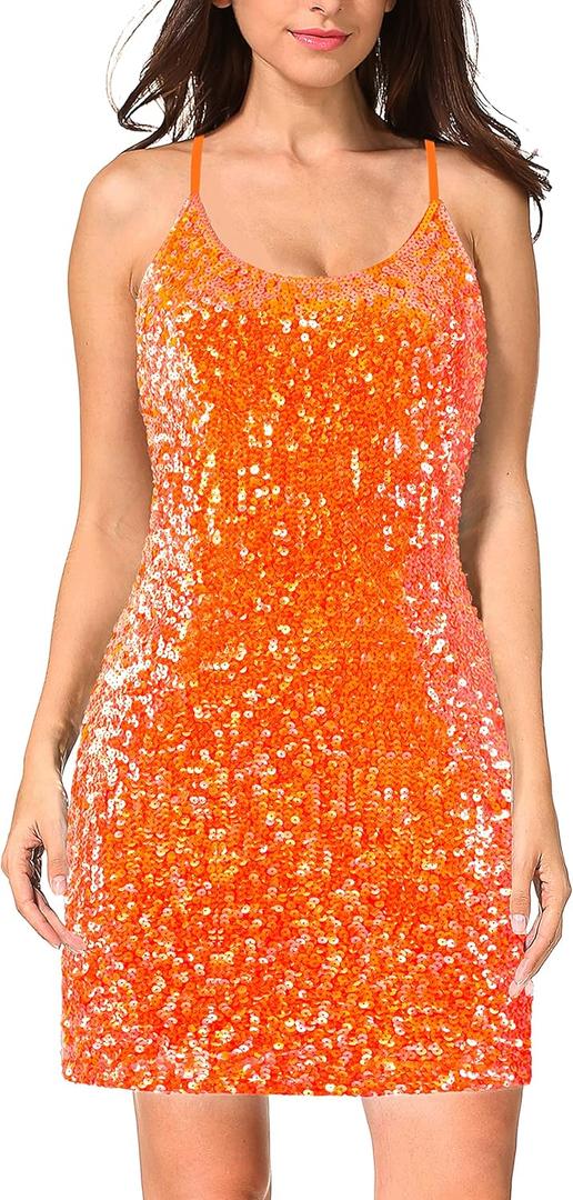 MANER Women's Glitter Sequin Dress Adjustable Spaghetti Strap Sparkle Party Dresses (Orange)