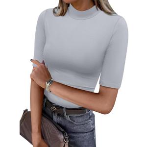 ANRABESS Women Tops Mock Neck 1/2 Short Sleeve Slim Fit Basic Tee Shirts Dressy Work Business 2026 Summer Fall Casual Outfits