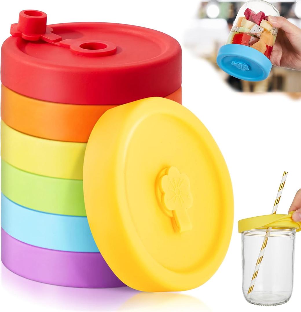 Teenyyou 6 Pcs Silicone Mason Jar Lids with Straw Hole for Wide Mouth Mason Jar Thickened Leak Proof Lid for 86 mm Reusable Large Canning Jars Caps(Classic)