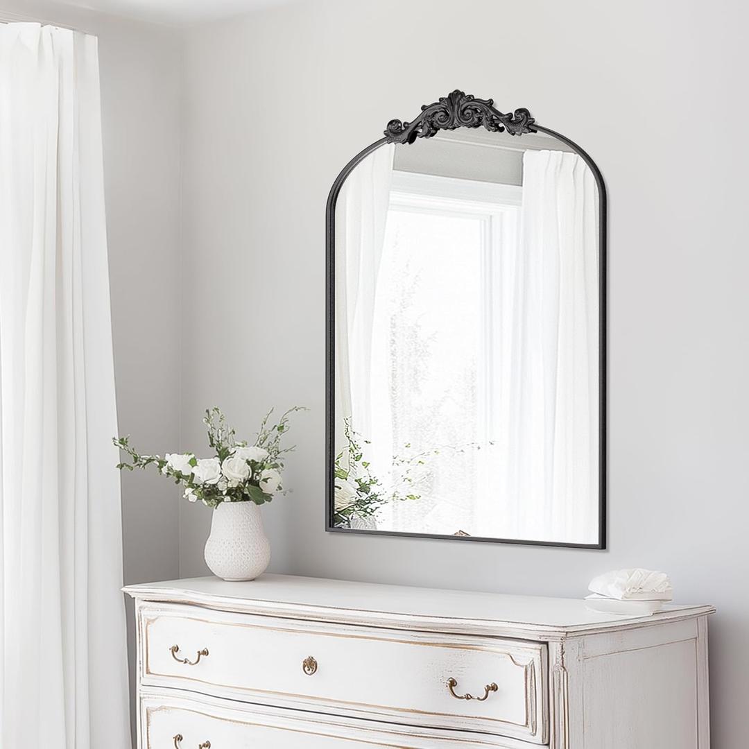 Arched Wall Mirror, Vintage Carved Bathroom Mirror 22" x 30" Black Antique Metal Frame Wall Mirror for Bedroom, Living Room, Entryway, Fireplace, Hallway, Retro Style