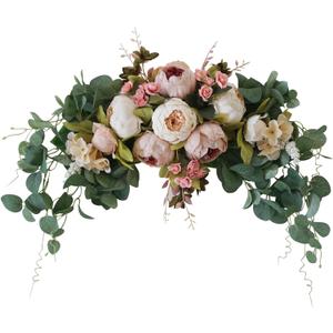 Wedding Arch Flowers, 30 Inch Rustic Artificial Floral Swag for Lintel, Green Leaves Rose Peony Sunflowers Door Wreath Home Decoration (Champagne2)