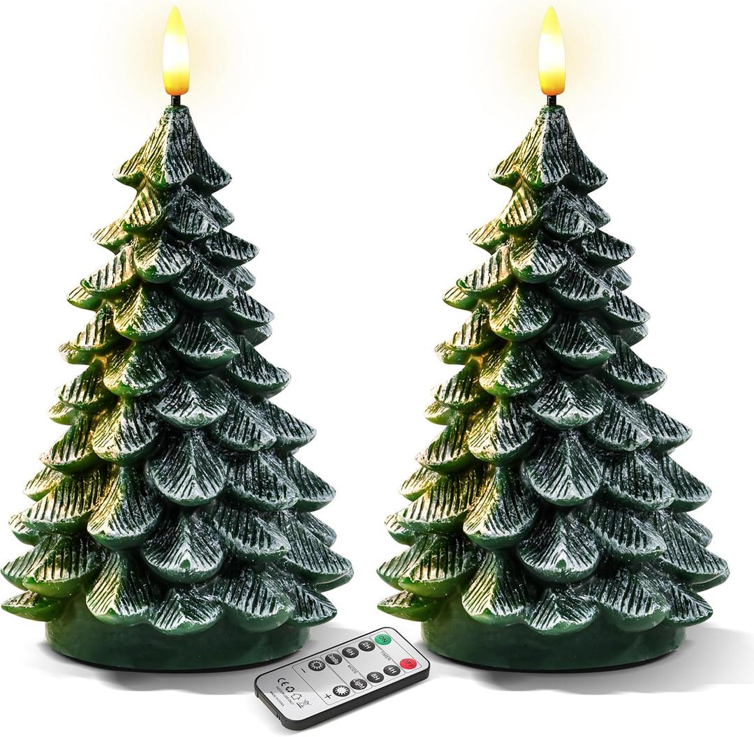 2Pcs Christmas Tree Flameless Candles with Remote and Timer,LED Candles Battery Operated,Real Wax Window Candlesticks with Flickering 3D Flame for Christmas Decoration