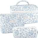 URSKYTOUS 3Pcs Makeup Bag Quilted Cosmetic Bag Set Bow Travel Large Makeup Pouch for Women Cute Portable Cotton Toiletry Bag Skincare Organizer Coquette Vintage Travel Essential (MH 3PCS White Blue)