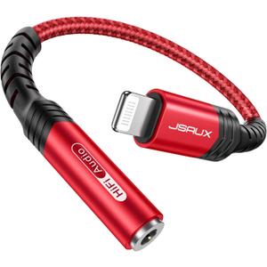 JSAUX Headphone Adapter for iPhone Lightning to 3.5mm Adapter [Apple MFi Certified] Compatible with iPhone 14 Pro Max/14 Plus/13 12 11 Pro Max/SE/XS-Red