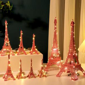 Hicarer 9 Pcs Eiffel Tower Statue Decor 5-15 Inch 5 Size Alloy Metal Paris Eiffel Tower Craft French Party Decoration for Living Room Table Stand Holder Collectible Gift(Pink)