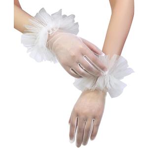 Bridal Short Tulle Sheer Gloves for Women Tea Party Ruffle Mesh Gloves Wedding Opera Glove (White)