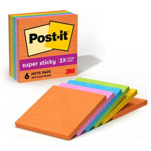 Post-it Super Sticky Lined Notes, 6 Sticky Note Pads, 4 x 4 in., School Supplies, Office Products, Sticky Notes for Vertical Surfaces, Monitors, Walls and Windows, Energy Boost Collection