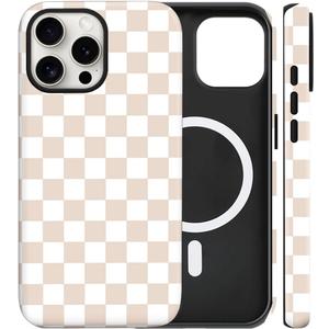 Magnetic for iPhone 13/14 Case Cute Checkered Phone Case, Shockproof Slim TPU and Hard PC Protective Phone Cover Compatible with MagSafe Designed for Women Girls Gift, Apricot