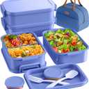 KEMETHY Adults Bento Lunch Box Set with Thermo Bag, 74oz Stackable Leak-proof 3-tiers Bento Box, Built-in Utensil and Sauce Container for Work, School, Dining Out (Purple)