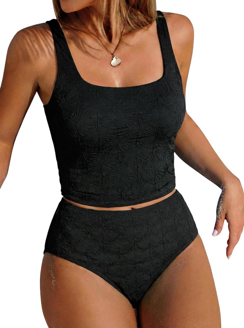 ZAFUL Womens Tankini Swimsuits Two Piece Tummy Control Bathing Suits Textured Tankini Swim Top with High Waisted Bottom (Black, M)