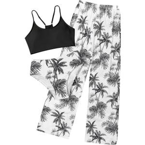 NECIOUS Girls Swimsuit, 3 Piece Bikini Bathing Suit Tropical Floral Swimwear with Cover Up Pants 7-16Y (13-14 Years, Black)
