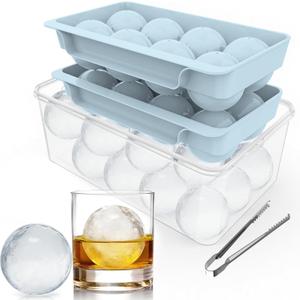 Large Ice Ball Maker Mold, 2.5" Round Ice Cube Mold for Whiskey Bourbon Cocktail, 8 Balls, Sphere Ice Mold, Big Ice Cube Tray with Container and Tongs, Easy to Fill & Release (Blue)