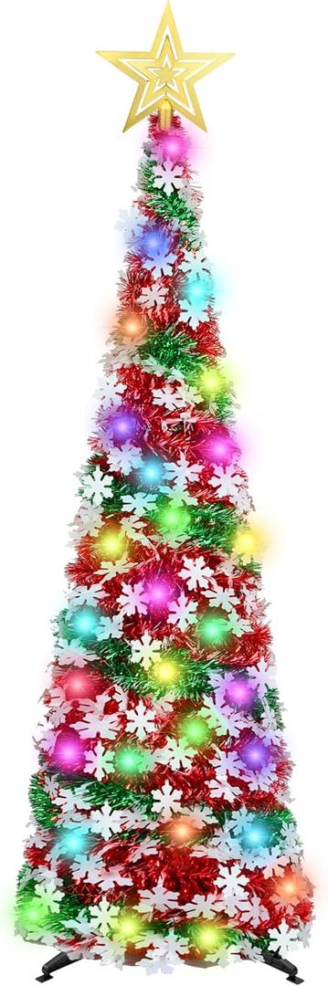 5 FT Pop Up Christmas Tinsel Tree with 50 LED Lights & Remote, Star Topper, Easy Assembly with Stand, Collapsible Prelit Christmas Pencil Tree for Xmas Home Party Decor (Red, Green)
