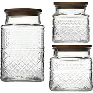 Glass Storage Jars Vintage Embossed Canisters Food Cereal Storage Containers with Bamboo Lid, Decorative Jars for Kitchen Counter,Pantry,Set 3-Piece Glass Jars in 60oz/40oz/20oz (Square)