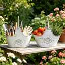 Distressed White Galvanized Metal Flower Planter Set of 2, Rustic Farmhouse Pot with Handle, Multi Use Tub for Garden Harvest Fruit Vegetables, Floral Craft Tool Organizer Indoor Patio Yard Decor