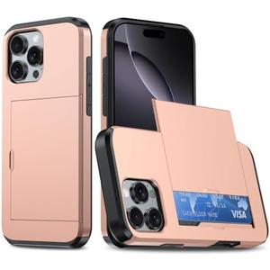 ATRAING Compatible with iPhone 16 Pro Case with Card Holder Dual Layer Heavy Duty Protective Shockproof Hidden Card Slot Slim Wallet Phone Cover for 16 Pro for Women&Men 6.3 inch Rosegold Set of 3