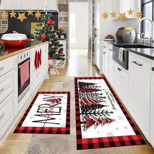 Merry Christmas Kitchen Mats Set of 2, Red Buffalo Plaid Xmas Trees Winter Decor Low-Profile Non-Slip with Rubber Backing Kitchen Rugs for Floor (Red and Black, 19.7"x31.5"+19.7"x47.3")