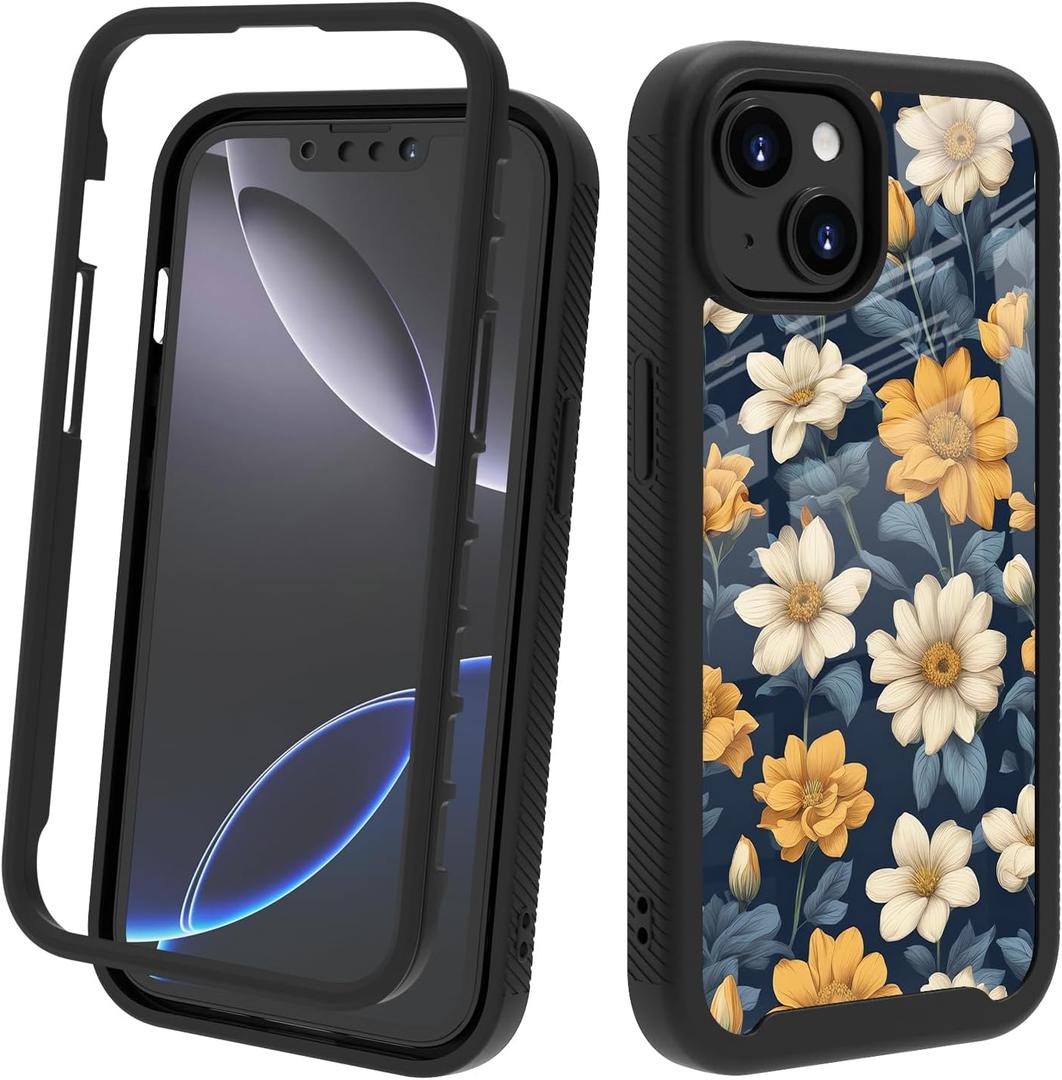 Compatible with iPhone 14 / iPhone 13 Case  Rugged Full-Body Protective Cover for Women Girls Dual Layer Shockproof Bumper, Heavy-Duty Phone Case - Vintage White Yellow Flower Floral 010