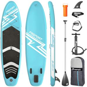 FBSPORT 11' Premium Stand Up Paddle Board, Yoga Board with SUP Accessories & Carry Bag | Wide Stance, Surf Control, Non-Slip Deck, Leash, Paddle and Pump for Youth & Adult (Ice Blue)