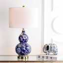 JONATHAN Y 27" Blue/White Ceramic Chinoiserie Table Lamp, Traditional Floral Double Gourd Vase Lamp with White Linen Drum Shade, Brass Gold Base, LED Bulb Included JYL3003A