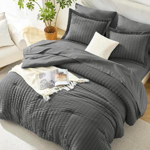 HIMEET Oversized King Comforter Set - 7 Pieces Seersucker Bed in a Bag, Boho Bedding Sets for Bedroom Decor, All Season Home Essential Bed Set with Comforter, Sheets, Pillowcases & Shams, Dark Grey