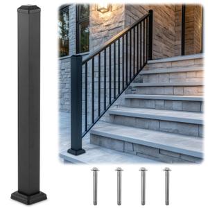 Aluminum Railing Deck Post Kit 3 x 3 x 39 Include 1 Pcs Porch Deck Railing Fence Post Handrail 4 Pcs Expansion Screws Made with Heavy Duty Powder Coated, Rust-proof, Fit 36 Height(Black)