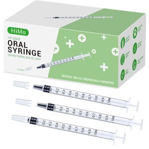50 Pack 1ml Syringes with caps for Liquid, Oral, Colostrum Collector Feeding without Needle, Individually Wrapped