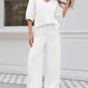 Fisoew Womens 2 Piece Outfits Casual V Neck Shirts Wide Leg Running Long Pants Loose Workout Tracksuit Sets (White, S)