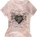 Women's Gothic Heart Graphic Tees Short Sleeve Crew Neck Slim Fit T Shirt Vintage Y2K Tops (Large)