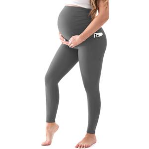 Walifrey Women's Maternity Leggings with Pockets Over The Belly,Pregnancy Yoga Pants Activewear Workout Leggings (Medium, Grey)