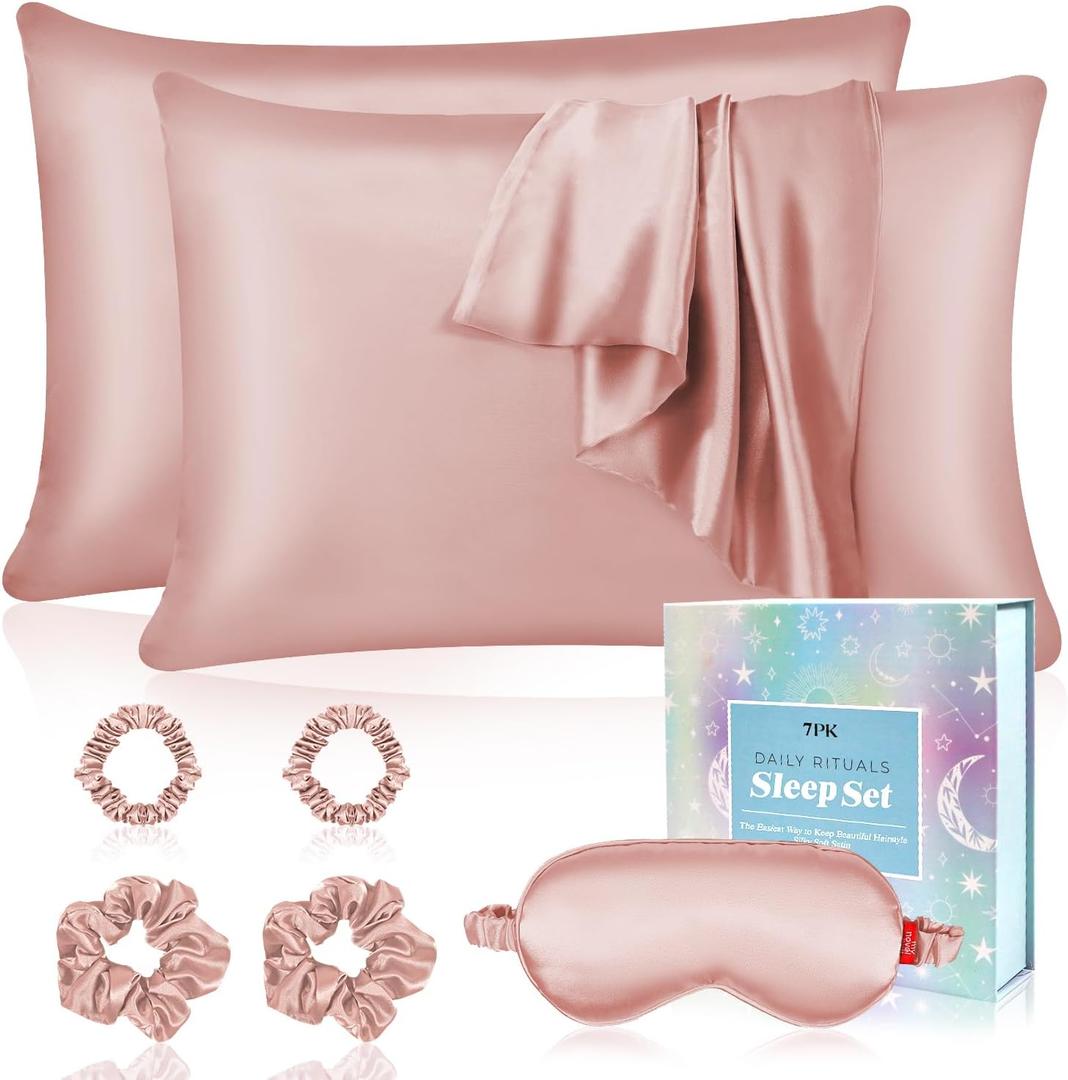 Satin Pillowcase Gift Set with Silk Satin Sleep Mask 4 Scrunchies, 2Pack Standard Size Pillow Cases Luxury Sleeping for Women Wife Birthday Valentines Day Gifts for Her Girlfriend (Pink Champagne)