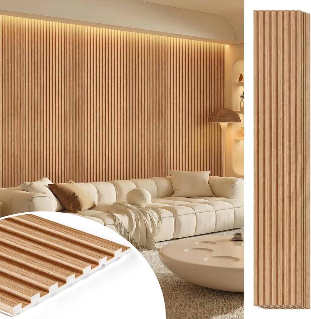 WPC Acoustic Slat Wall Panels 8-Pack 96'' x 6'', Accent 3D Wall Panel for Interior Wall Decor, Waterproof Fluted Textured Panel Wall Slats,Solid Elm (Cover Approx.32 sq.ft)