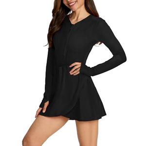 Cagola Womens Long Sleeve Swimsuits UPF 50+ One Piece Rash Guard Bathing Suit with Skirts Ladies Swimming Burkini Over 50 Black XL