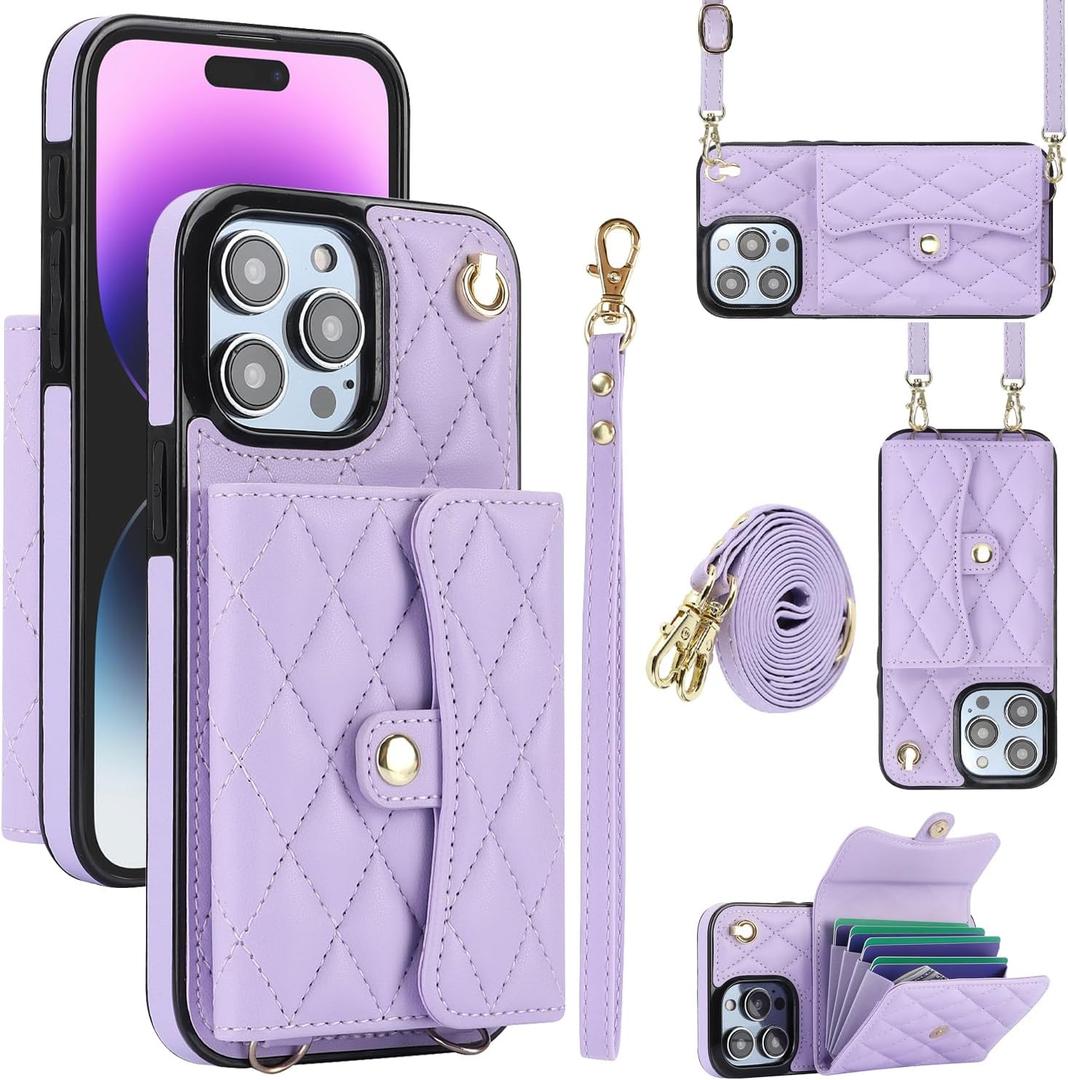 XIZYO for iPhone 15 Pro Case, Wallet Cute Leather Case with Card Holder Crossbody Cover for Women Girls Strap Wristlet RFID Blocking Shockproof Protective Cover, Purple