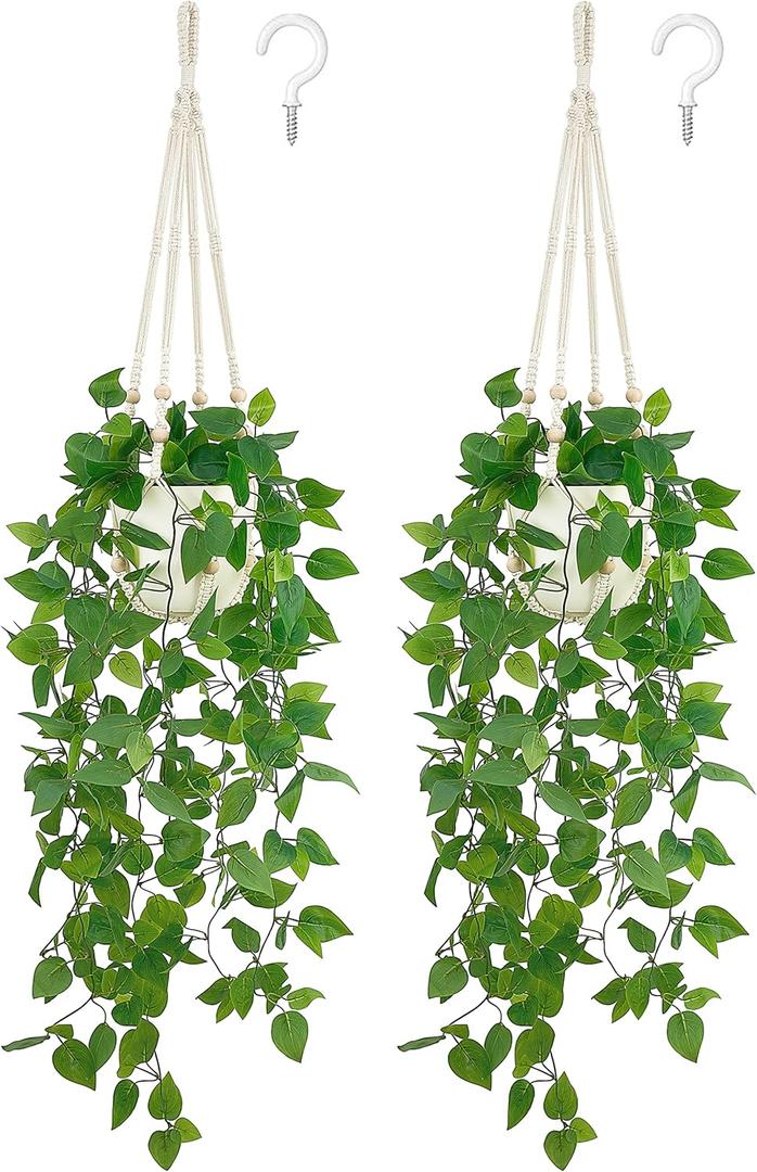 Mkono 2 Packs Fake Hanging Plant with Pot, Artificial Plants Macrame Plant Hanger Fake Vine Greenery for Bedroom Bathroom Home Office Decor (Ivory)